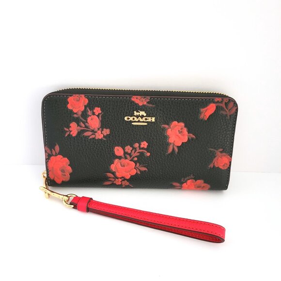 Coach CCL36 Long Zip Around Wallet Floral Print Pebbled Leather Black Red - Picture 2 of 7